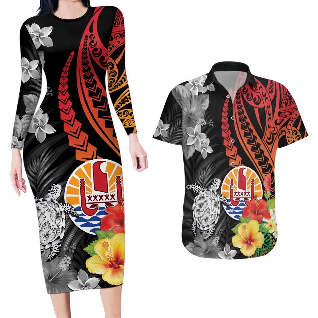 French Polynesia Bastille Day Couples Matching Long Sleeve Bodycon Dress and Hawaiian Shirt Tropical Turtle Hibiscus Polynesian Pattern LT05 Black - Polynesian Pride