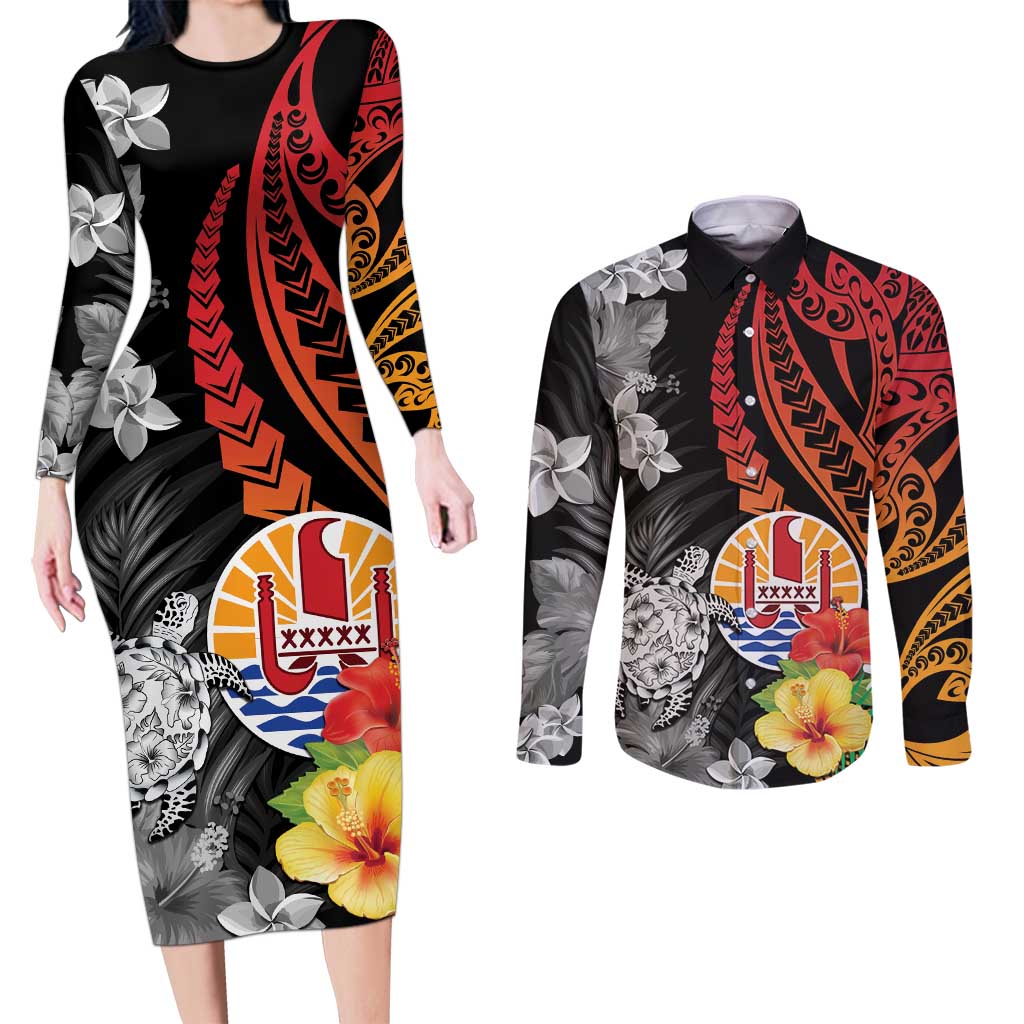 French Polynesia Bastille Day Couples Matching Long Sleeve Bodycon Dress and Long Sleeve Button Shirt Tropical Turtle Hibiscus Polynesian Pattern