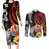 French Polynesia Bastille Day Couples Matching Long Sleeve Bodycon Dress and Long Sleeve Button Shirt Tropical Turtle Hibiscus Polynesian Pattern LT05 Black - Polynesian Pride