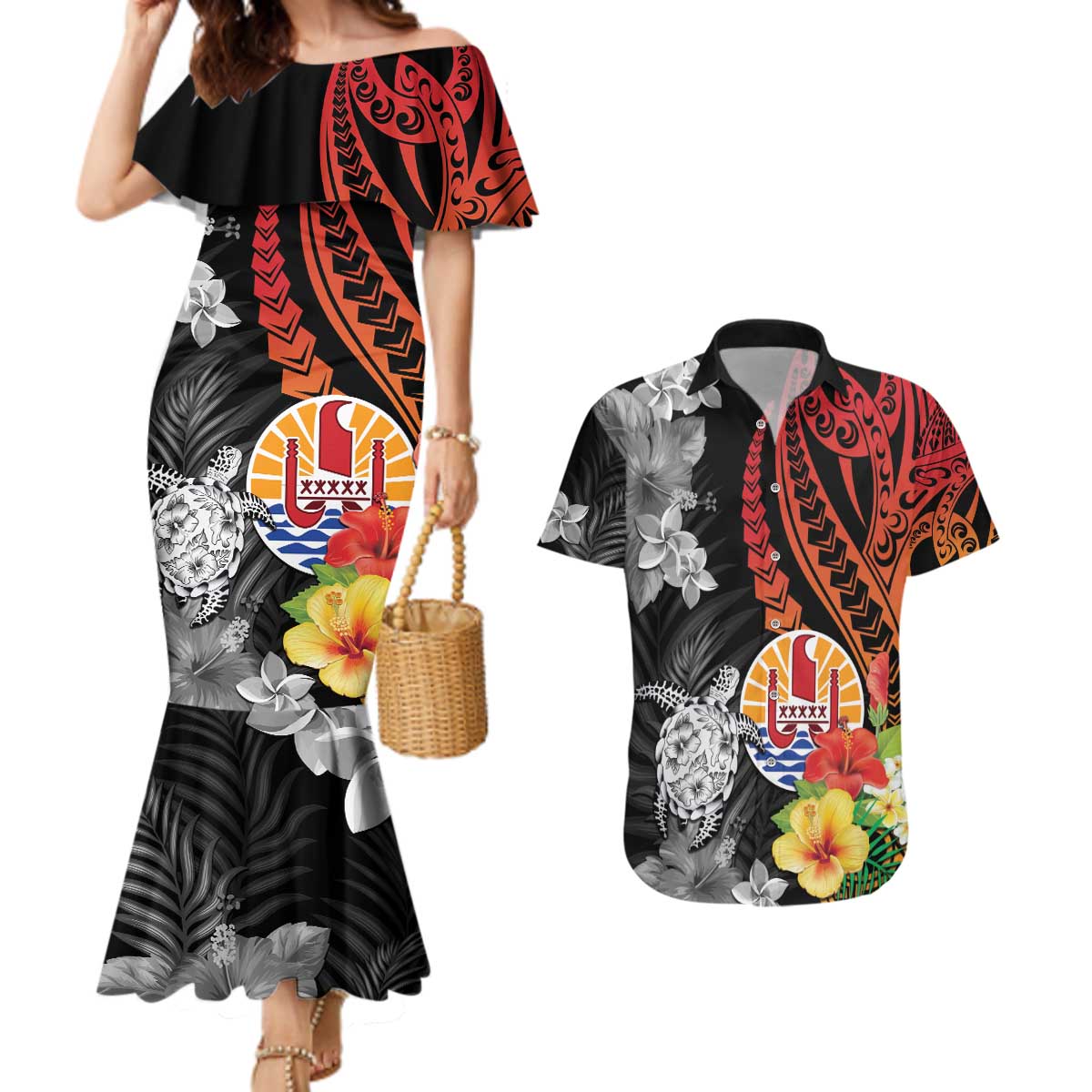 French Polynesia Bastille Day Couples Matching Mermaid Dress and Hawaiian Shirt Tropical Turtle Hibiscus Polynesian Pattern