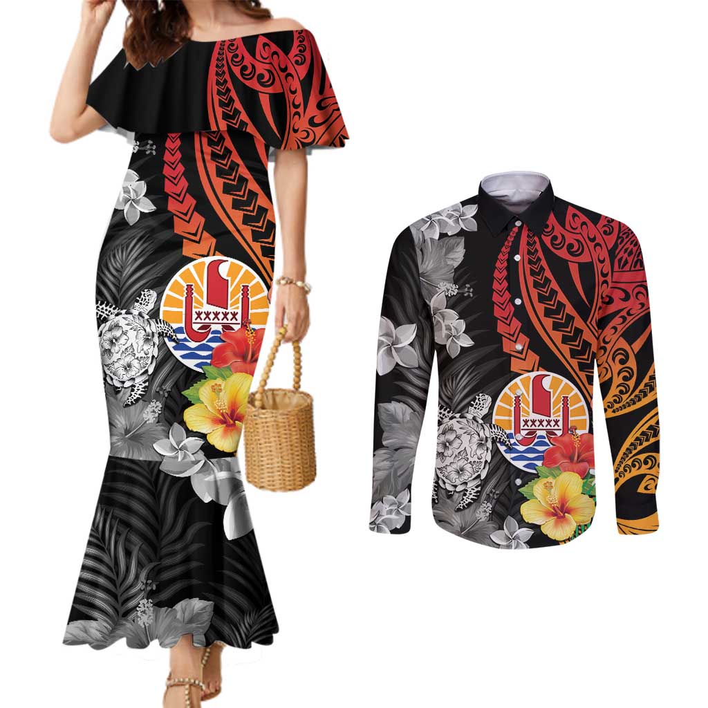 French Polynesia Bastille Day Couples Matching Mermaid Dress and Long Sleeve Button Shirt Tropical Turtle Hibiscus Polynesian Pattern LT05 Black - Polynesian Pride
