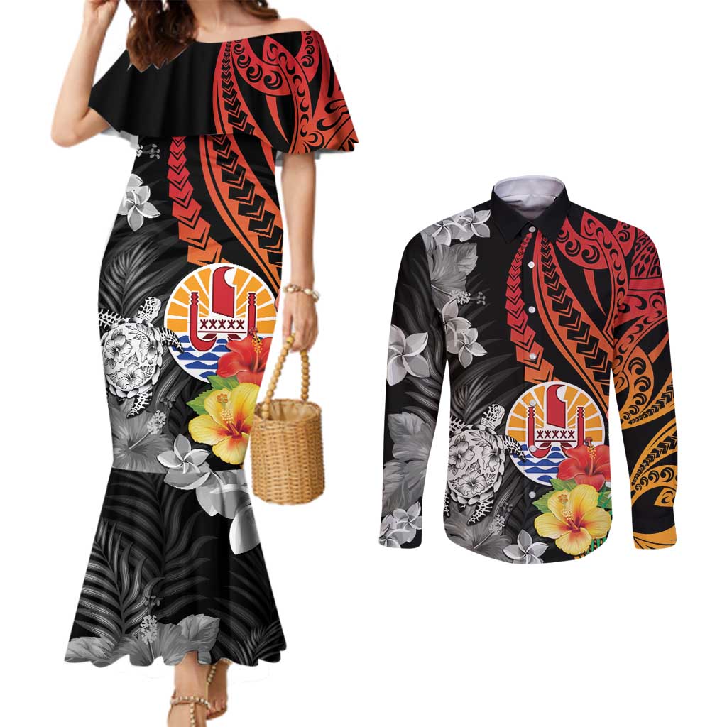 French Polynesia Bastille Day Couples Matching Mermaid Dress and Long Sleeve Button Shirt Tropical Turtle Hibiscus Polynesian Pattern