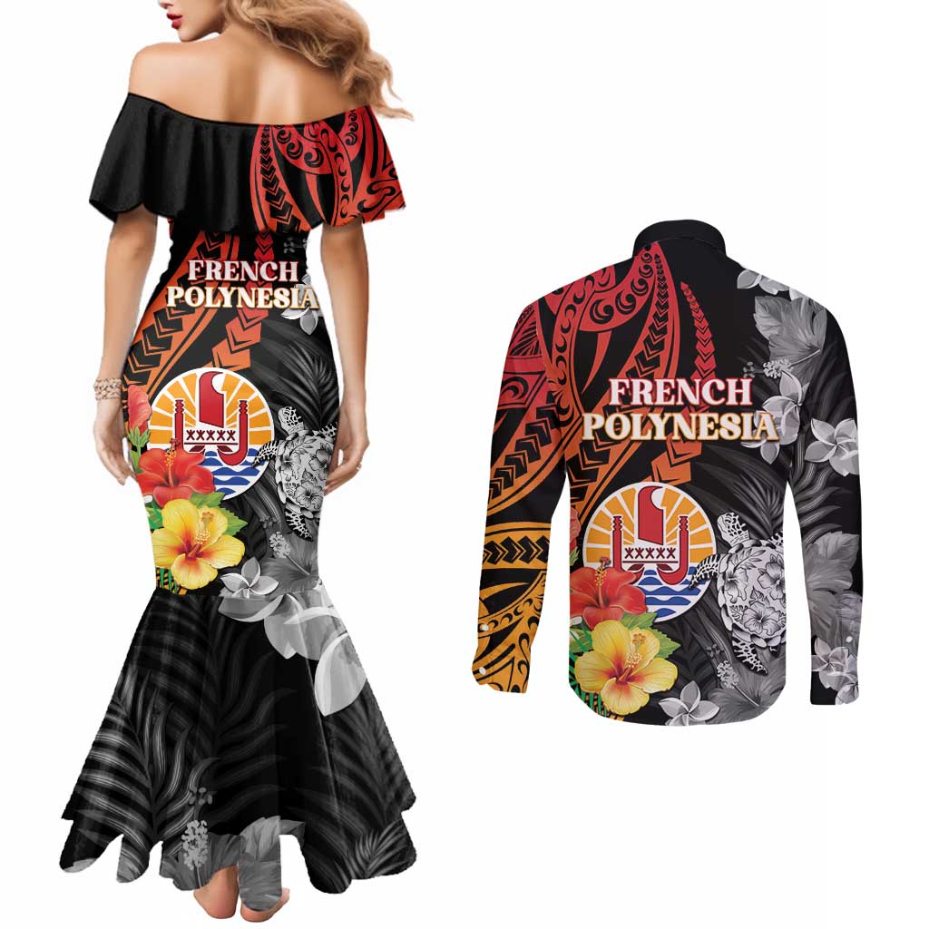 French Polynesia Bastille Day Couples Matching Mermaid Dress and Long Sleeve Button Shirt Tropical Turtle Hibiscus Polynesian Pattern LT05 - Polynesian Pride