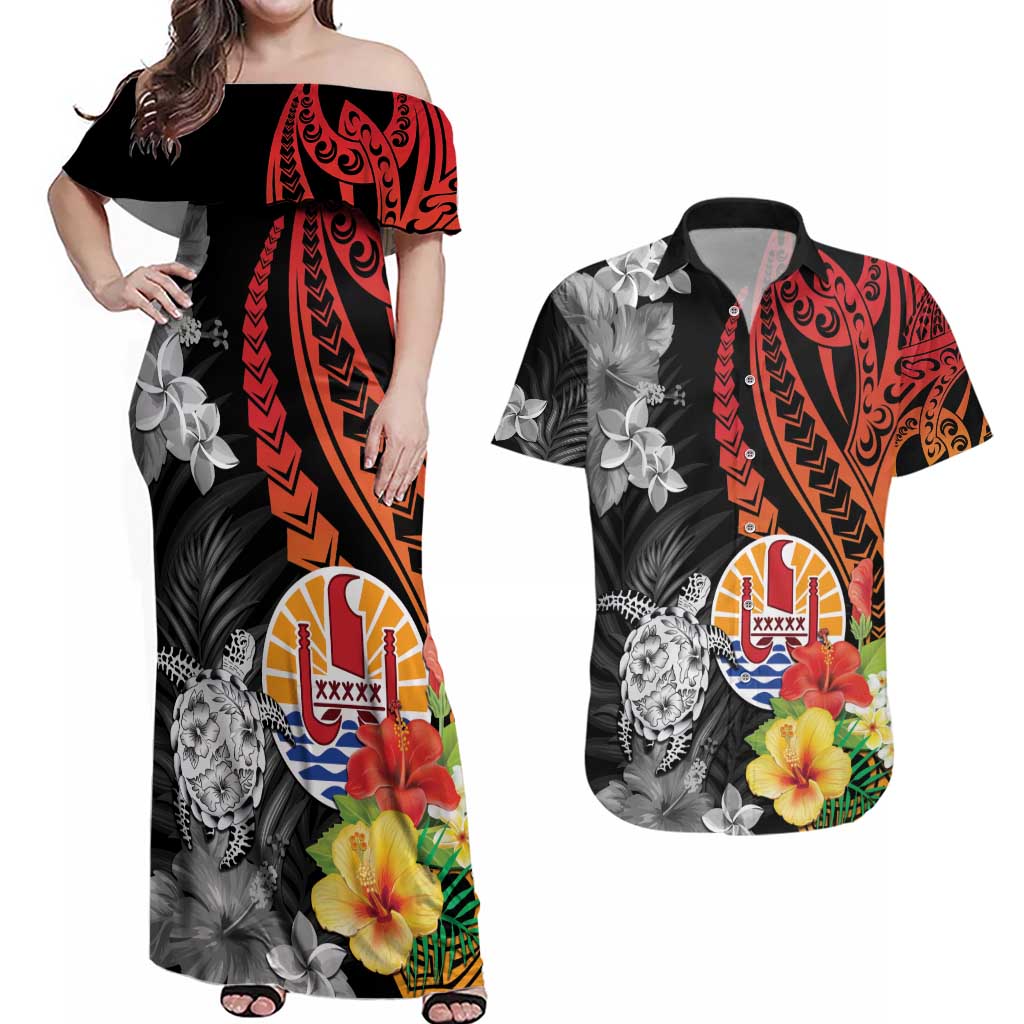 French Polynesia Bastille Day Couples Matching Off Shoulder Maxi Dress and Hawaiian Shirt Tropical Turtle Hibiscus Polynesian Pattern