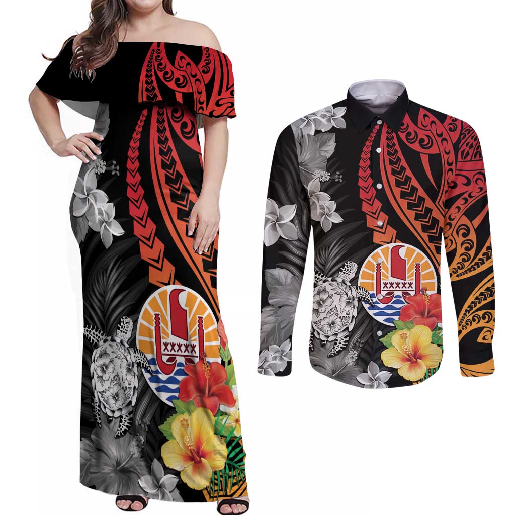 French Polynesia Bastille Day Couples Matching Off Shoulder Maxi Dress and Long Sleeve Button Shirt Tropical Turtle Hibiscus Polynesian Pattern