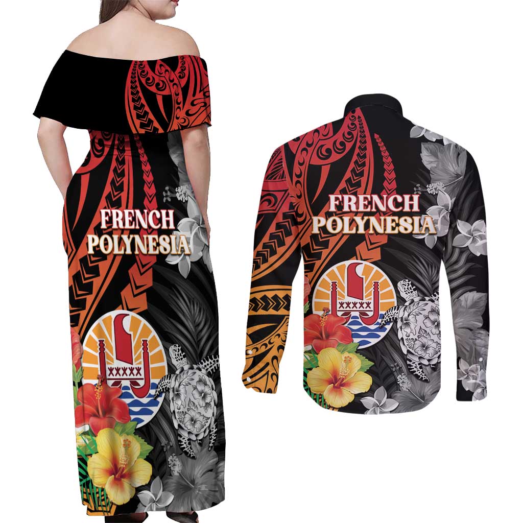 French Polynesia Bastille Day Couples Matching Off Shoulder Maxi Dress and Long Sleeve Button Shirt Tropical Turtle Hibiscus Polynesian Pattern LT05 - Polynesian Pride