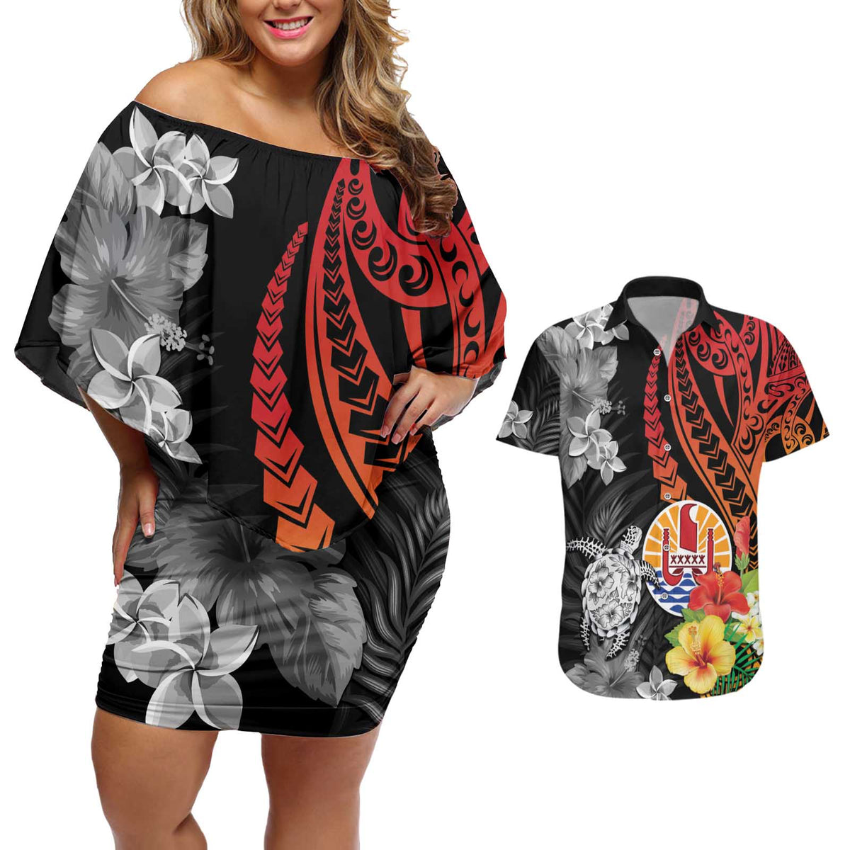 French Polynesia Bastille Day Couples Matching Off Shoulder Short Dress and Hawaiian Shirt Tropical Turtle Hibiscus Polynesian Pattern LT05 Black - Polynesian Pride