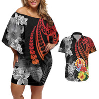 French Polynesia Bastille Day Couples Matching Off Shoulder Short Dress and Hawaiian Shirt Tropical Turtle Hibiscus Polynesian Pattern LT05 Black - Polynesian Pride
