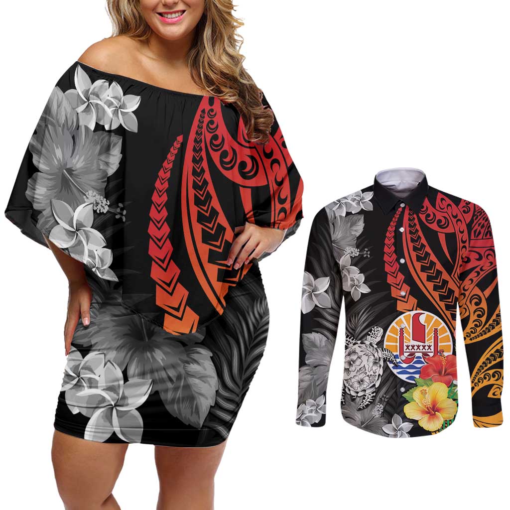 French Polynesia Bastille Day Couples Matching Off Shoulder Short Dress and Long Sleeve Button Shirt Tropical Turtle Hibiscus Polynesian Pattern LT05 Black - Polynesian Pride