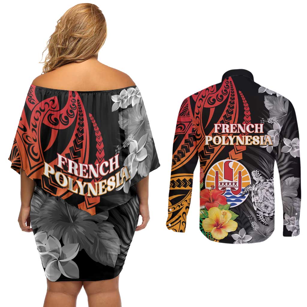 French Polynesia Bastille Day Couples Matching Off Shoulder Short Dress and Long Sleeve Button Shirt Tropical Turtle Hibiscus Polynesian Pattern LT05 - Polynesian Pride