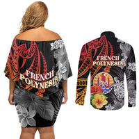 French Polynesia Bastille Day Couples Matching Off Shoulder Short Dress and Long Sleeve Button Shirt Tropical Turtle Hibiscus Polynesian Pattern LT05 - Polynesian Pride