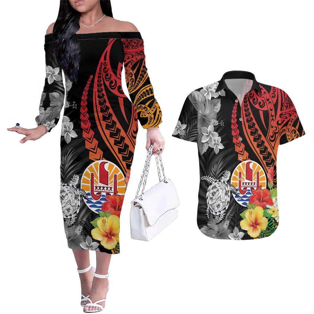 French Polynesia Bastille Day Couples Matching Off The Shoulder Long Sleeve Dress and Hawaiian Shirt Tropical Turtle Hibiscus Polynesian Pattern
