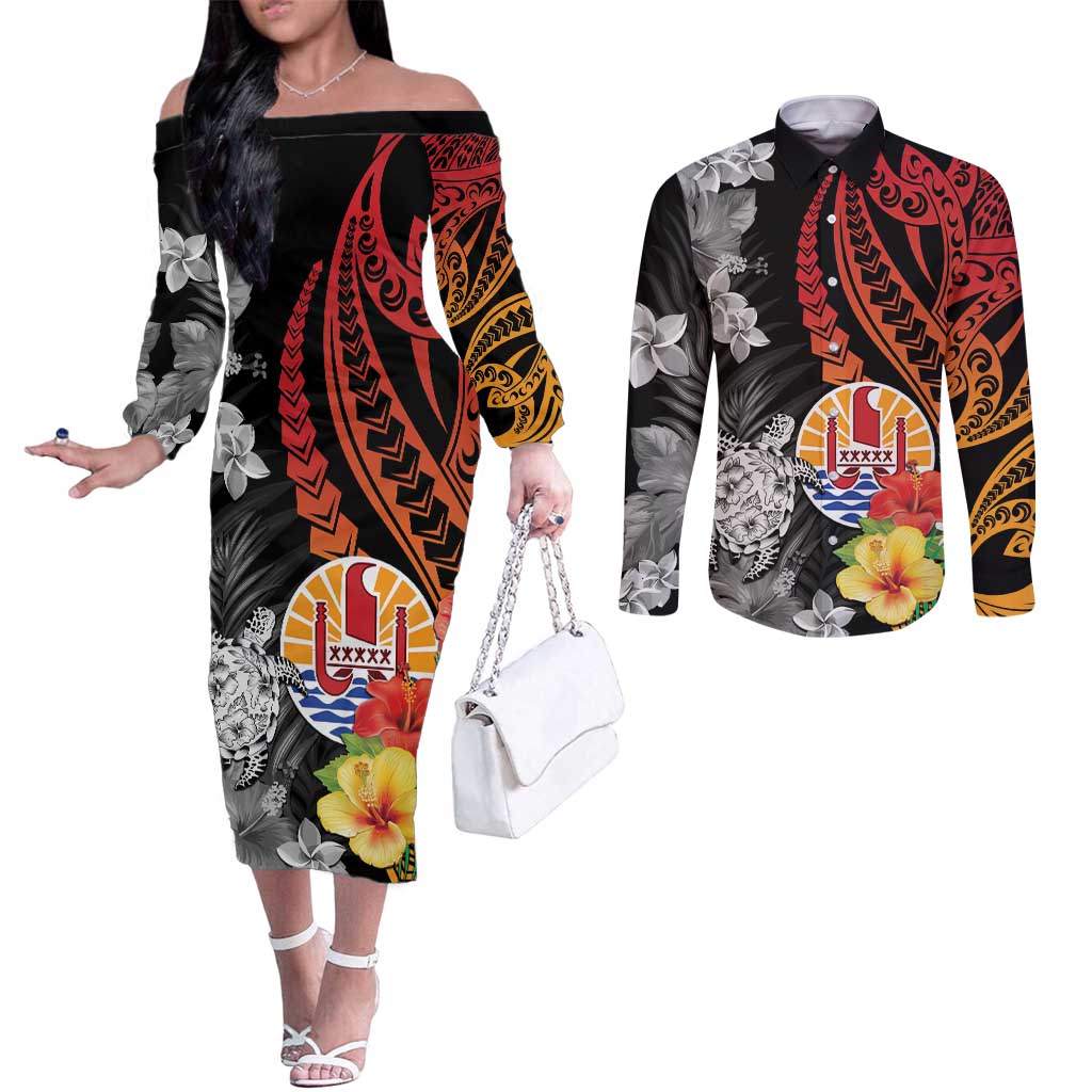 French Polynesia Bastille Day Couples Matching Off The Shoulder Long Sleeve Dress and Long Sleeve Button Shirt Tropical Turtle Hibiscus Polynesian Pattern LT05 Black - Polynesian Pride