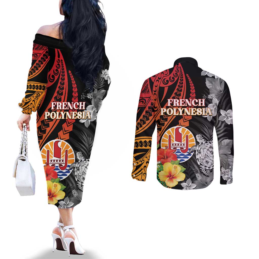 French Polynesia Bastille Day Couples Matching Off The Shoulder Long Sleeve Dress and Long Sleeve Button Shirt Tropical Turtle Hibiscus Polynesian Pattern LT05 - Polynesian Pride