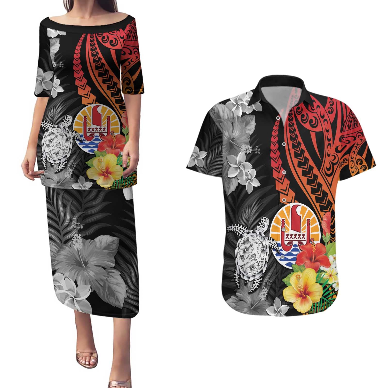 French Polynesia Bastille Day Couples Matching Puletasi and Hawaiian Shirt Tropical Turtle Hibiscus Polynesian Pattern