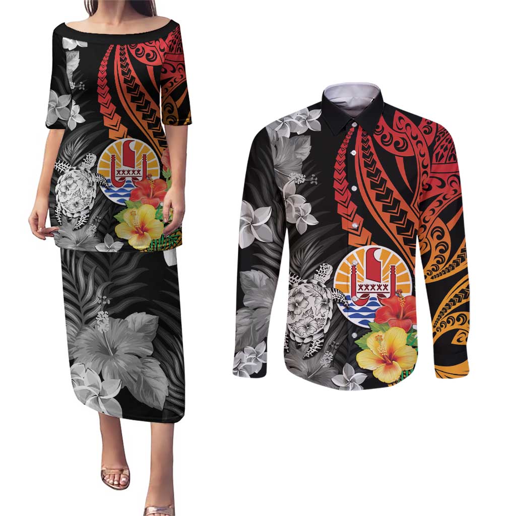 French Polynesia Bastille Day Couples Matching Puletasi and Long Sleeve Button Shirt Tropical Turtle Hibiscus Polynesian Pattern LT05 Black - Polynesian Pride