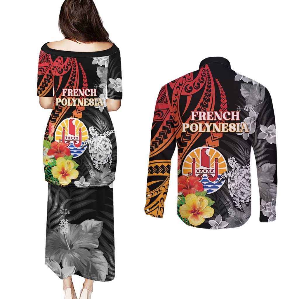 French Polynesia Bastille Day Couples Matching Puletasi and Long Sleeve Button Shirt Tropical Turtle Hibiscus Polynesian Pattern LT05 - Polynesian Pride