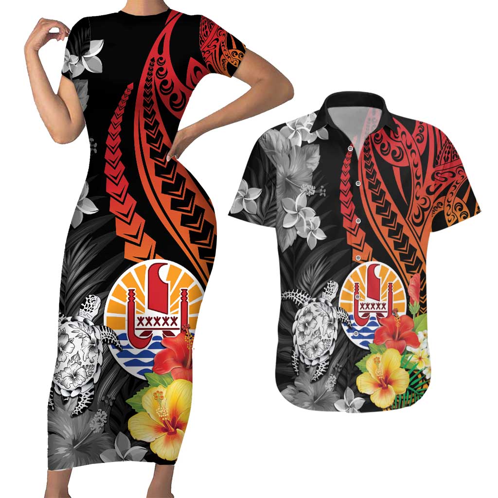 French Polynesia Bastille Day Couples Matching Short Sleeve Bodycon Dress and Hawaiian Shirt Tropical Turtle Hibiscus Polynesian Pattern LT05 Black - Polynesian Pride