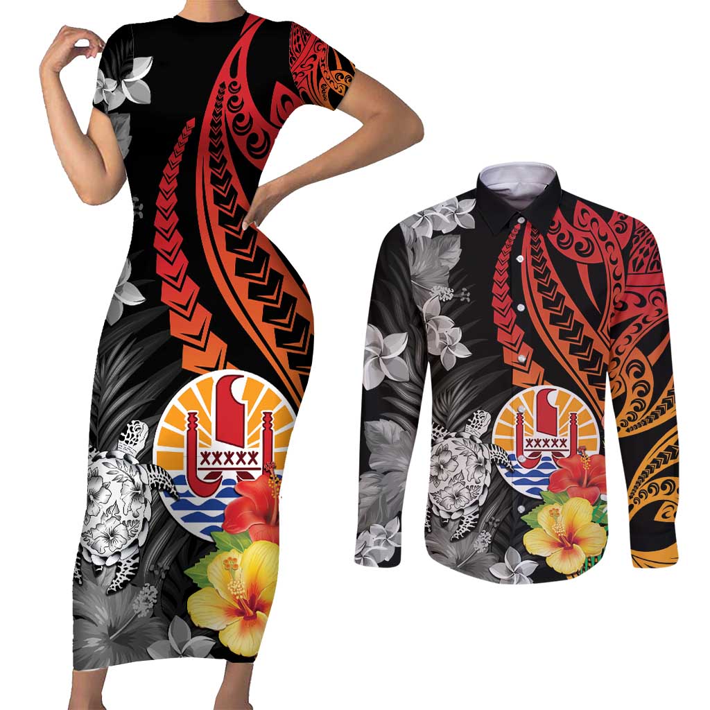 French Polynesia Bastille Day Couples Matching Short Sleeve Bodycon Dress and Long Sleeve Button Shirt Tropical Turtle Hibiscus Polynesian Pattern LT05 Black - Polynesian Pride