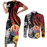 French Polynesia Bastille Day Couples Matching Short Sleeve Bodycon Dress and Long Sleeve Button Shirt Tropical Turtle Hibiscus Polynesian Pattern LT05 Black - Polynesian Pride