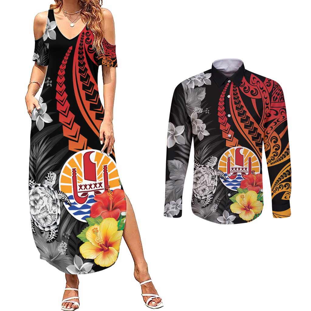 French Polynesia Bastille Day Couples Matching Summer Maxi Dress and Long Sleeve Button Shirt Tropical Turtle Hibiscus Polynesian Pattern LT05 Black - Polynesian Pride