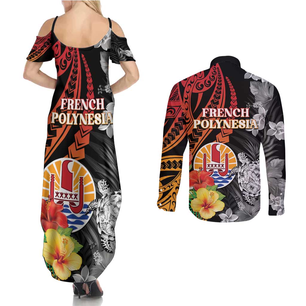 French Polynesia Bastille Day Couples Matching Summer Maxi Dress and Long Sleeve Button Shirt Tropical Turtle Hibiscus Polynesian Pattern LT05 - Polynesian Pride