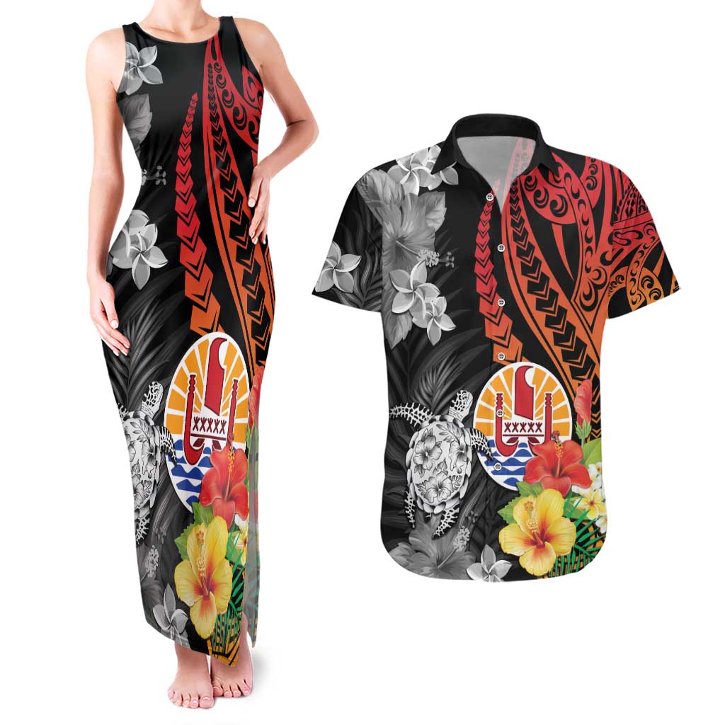 French Polynesia Bastille Day Couples Matching Tank Maxi Dress and Hawaiian Shirt Tropical Turtle Hibiscus Polynesian Pattern LT05 Black - Polynesian Pride