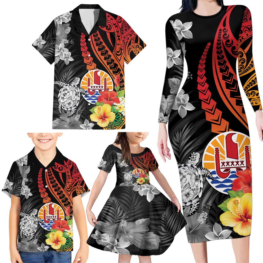 French Polynesia Bastille Day Family Matching Long Sleeve Bodycon Dress and Hawaiian Shirt Tropical Turtle Hibiscus Polynesian Pattern