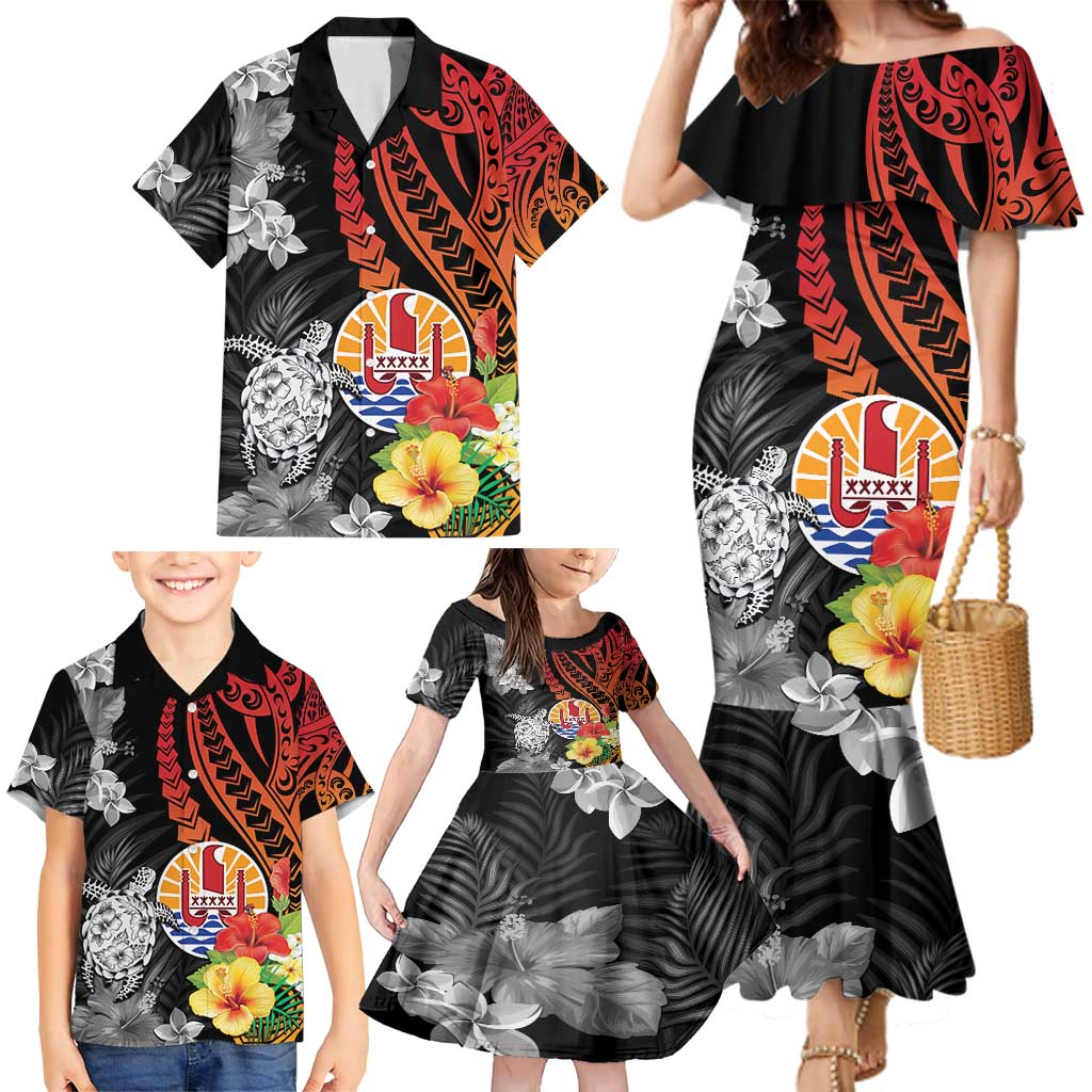 French Polynesia Bastille Day Family Matching Mermaid Dress and Hawaiian Shirt Tropical Turtle Hibiscus Polynesian Pattern