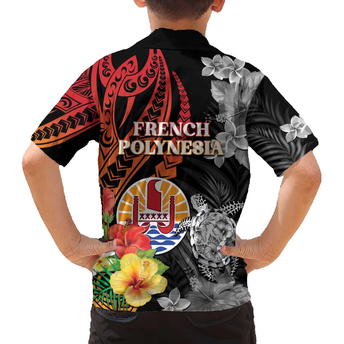 French Polynesia Bastille Day Family Matching Off The Shoulder Long Sleeve Dress and Hawaiian Shirt Tropical Turtle Hibiscus Polynesian Pattern