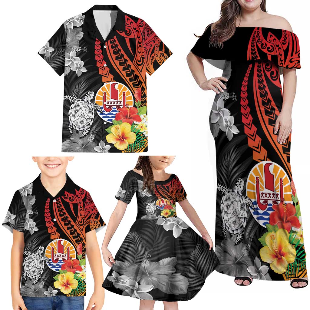 French Polynesia Bastille Day Family Matching Off Shoulder Maxi Dress and Hawaiian Shirt Tropical Turtle Hibiscus Polynesian Pattern