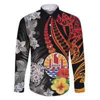 French Polynesia Bastille Day Family Matching Off Shoulder Maxi Dress and Hawaiian Shirt Tropical Turtle Hibiscus Polynesian Pattern LT05 Dad's Shirt - Long Sleeve Black - Polynesian Pride