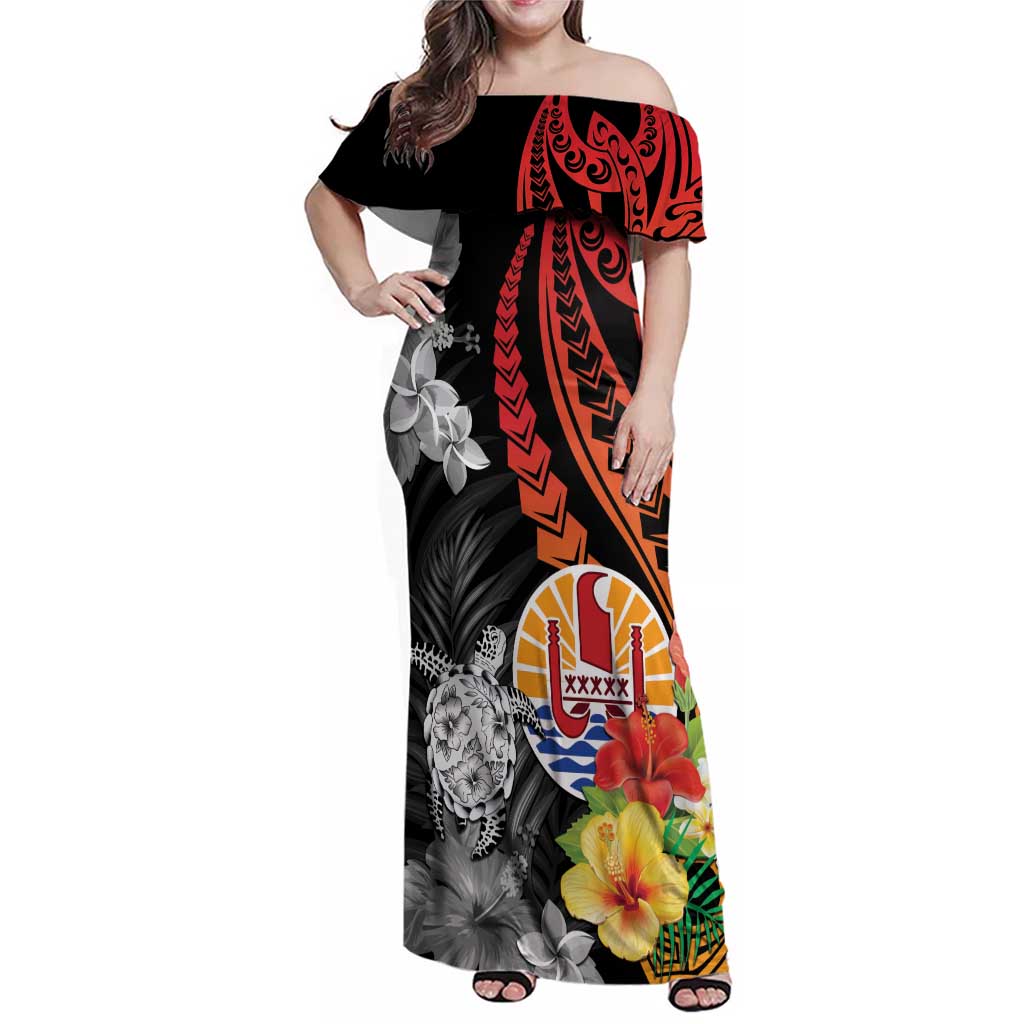 French Polynesia Bastille Day Family Matching Off Shoulder Maxi Dress and Hawaiian Shirt Tropical Turtle Hibiscus Polynesian Pattern LT05 Mom's Dress Black - Polynesian Pride