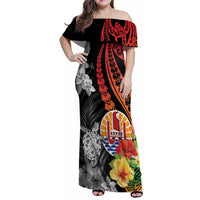 French Polynesia Bastille Day Family Matching Off Shoulder Maxi Dress and Hawaiian Shirt Tropical Turtle Hibiscus Polynesian Pattern LT05 Mom's Dress Black - Polynesian Pride