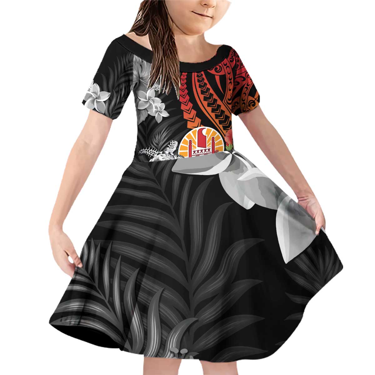 French Polynesia Bastille Day Family Matching Off Shoulder Short Dress and Hawaiian Shirt Tropical Turtle Hibiscus Polynesian Pattern LT05 Daughter's Dress Black - Polynesian Pride