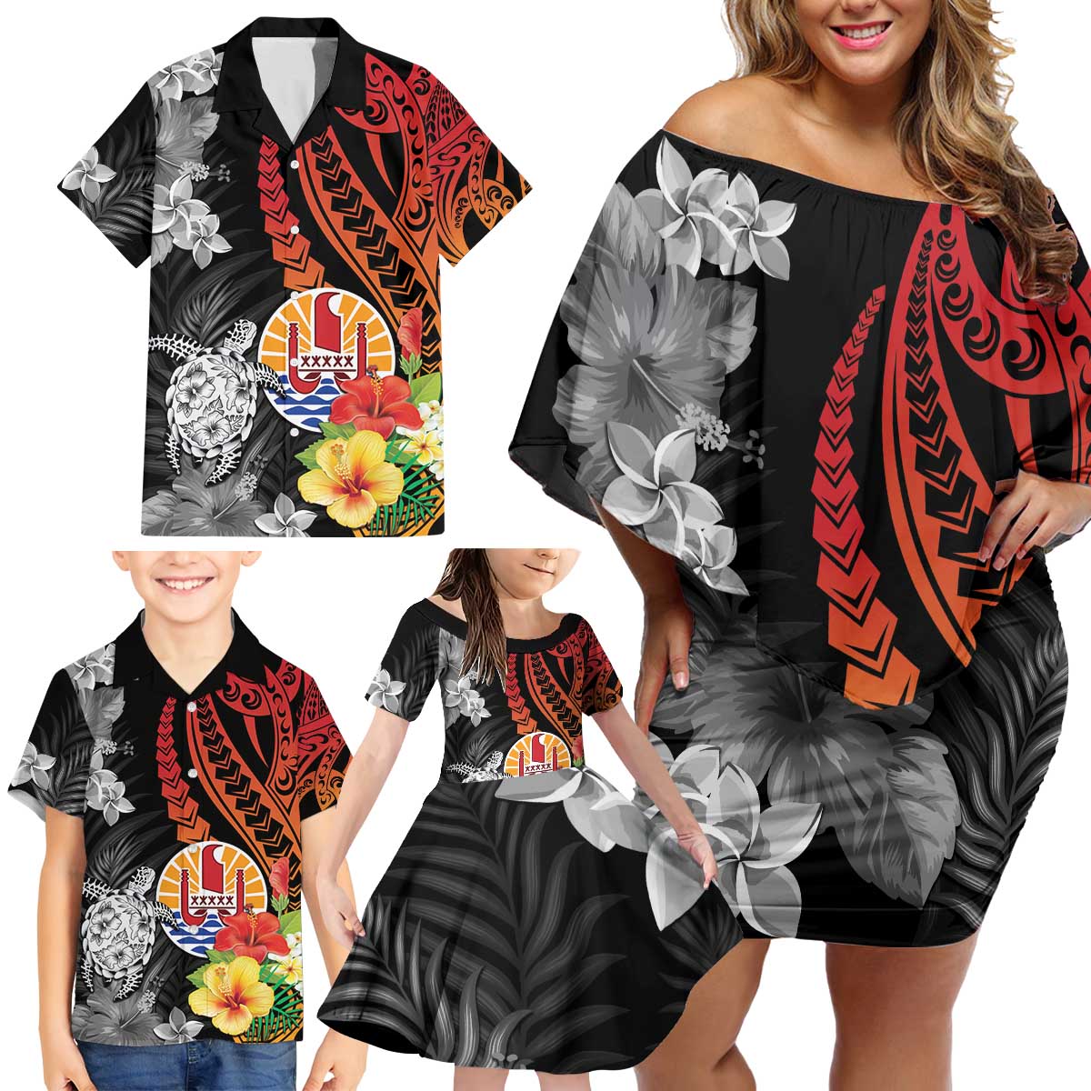 French Polynesia Bastille Day Family Matching Off Shoulder Short Dress and Hawaiian Shirt Tropical Turtle Hibiscus Polynesian Pattern