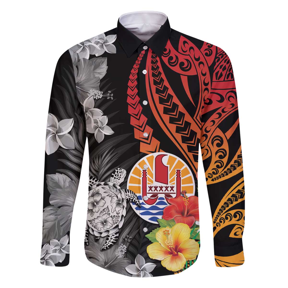 French Polynesia Bastille Day Family Matching Off Shoulder Short Dress and Hawaiian Shirt Tropical Turtle Hibiscus Polynesian Pattern LT05 Dad's Shirt - Long Sleeve Black - Polynesian Pride