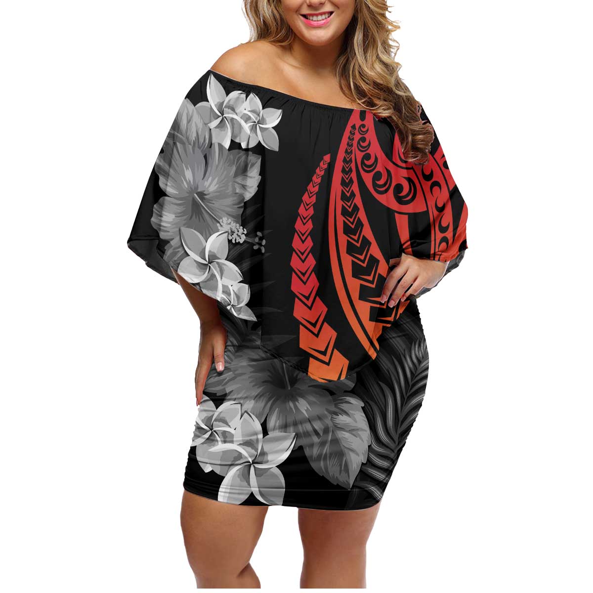 French Polynesia Bastille Day Family Matching Off Shoulder Short Dress and Hawaiian Shirt Tropical Turtle Hibiscus Polynesian Pattern LT05 Mom's Dress Black - Polynesian Pride
