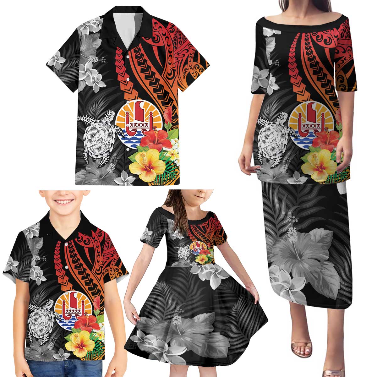 French Polynesia Bastille Day Family Matching Puletasi and Hawaiian Shirt Tropical Turtle Hibiscus Polynesian Pattern