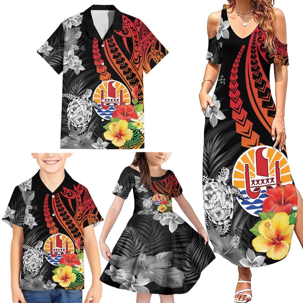 French Polynesia Bastille Day Family Matching Summer Maxi Dress and Hawaiian Shirt Tropical Turtle Hibiscus Polynesian Pattern