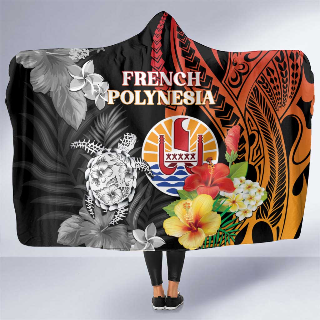 French Polynesia Bastille Day Hooded Blanket Tropical Turtle Hibiscus Polynesian Pattern