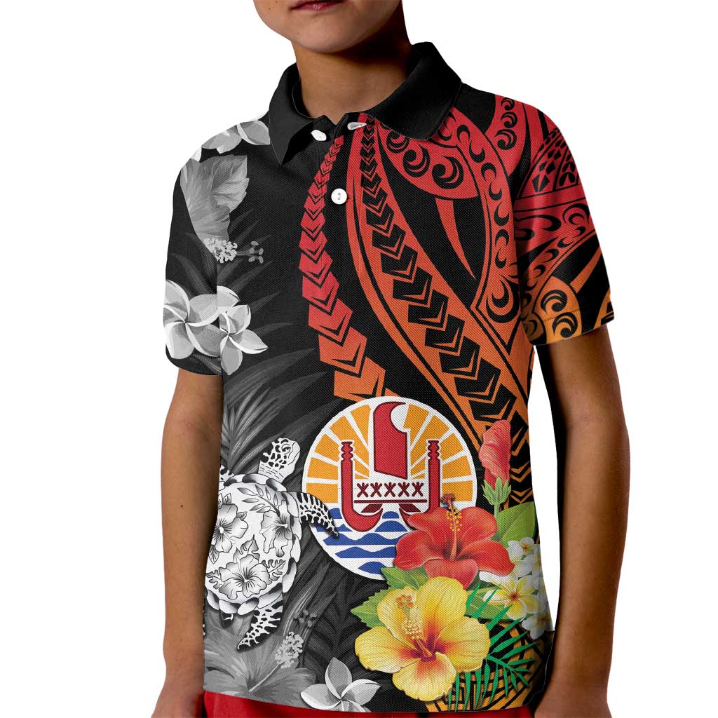 French Polynesia Bastille Day Kid Polo Shirt Tropical Turtle Hibiscus Polynesian Pattern