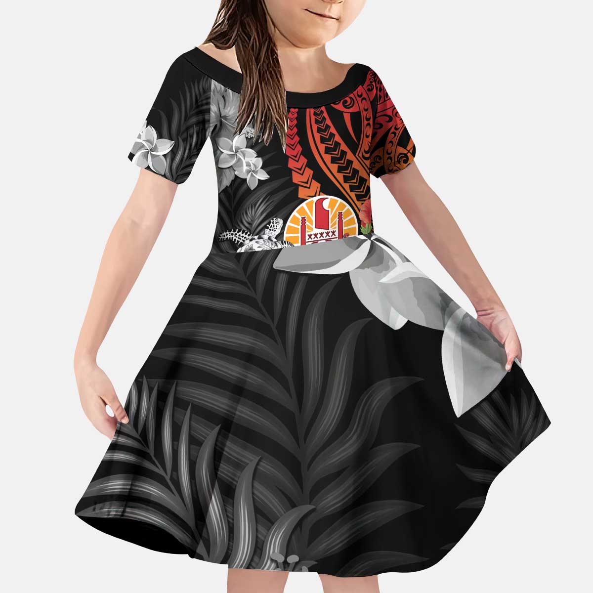 French Polynesia Bastille Day Kid Short Sleeve Dress Tropical Turtle Hibiscus Polynesian Pattern