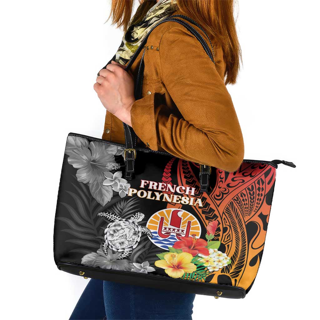 French Polynesia Bastille Day Leather Tote Bag Tropical Turtle Hibiscus Polynesian Pattern LT05 Black - Polynesian Pride