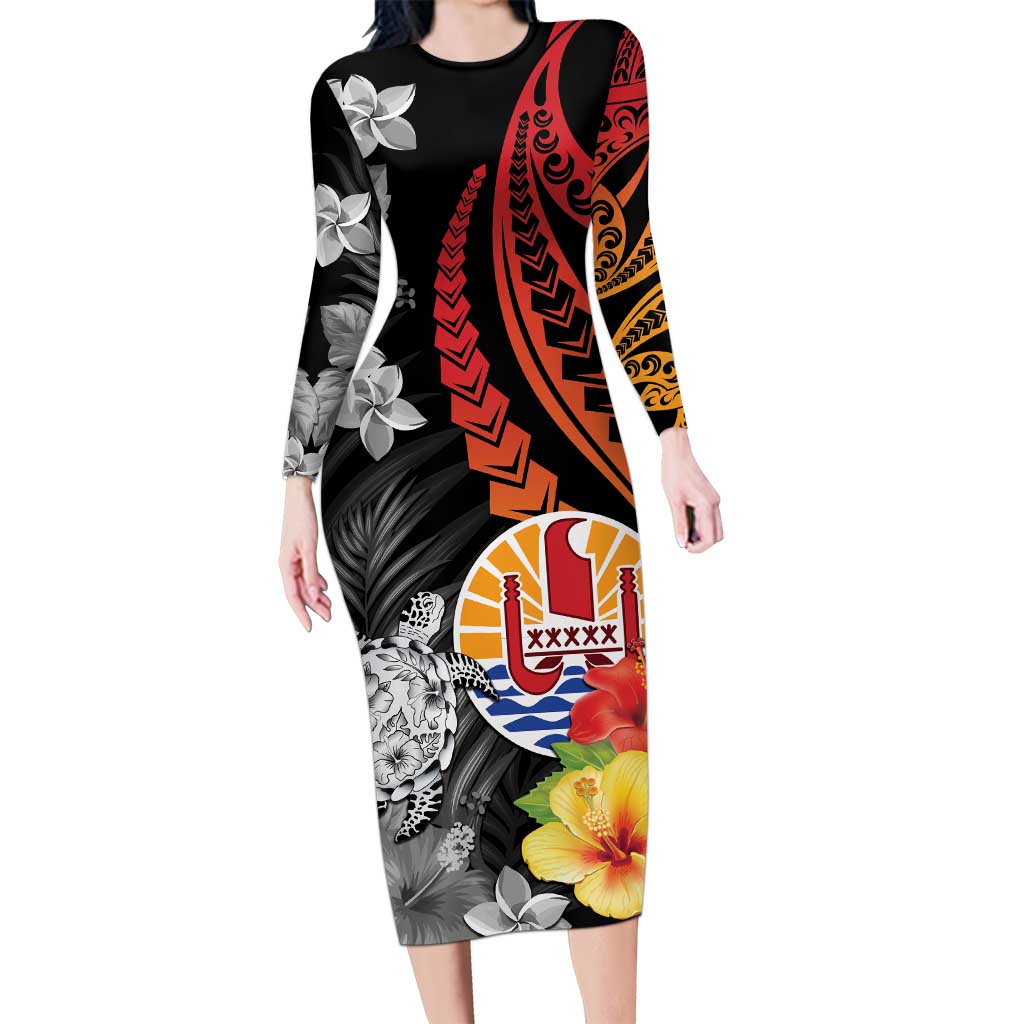 French Polynesia Bastille Day Long Sleeve Bodycon Dress Tropical Turtle Hibiscus Polynesian Pattern