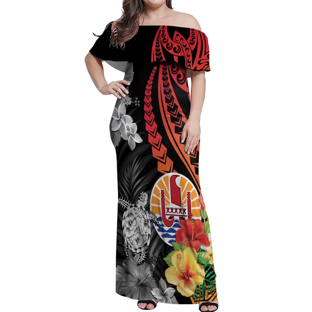 French Polynesia Bastille Day Off Shoulder Maxi Dress Tropical Turtle Hibiscus Polynesian Pattern LT05 Women Black - Polynesian Pride