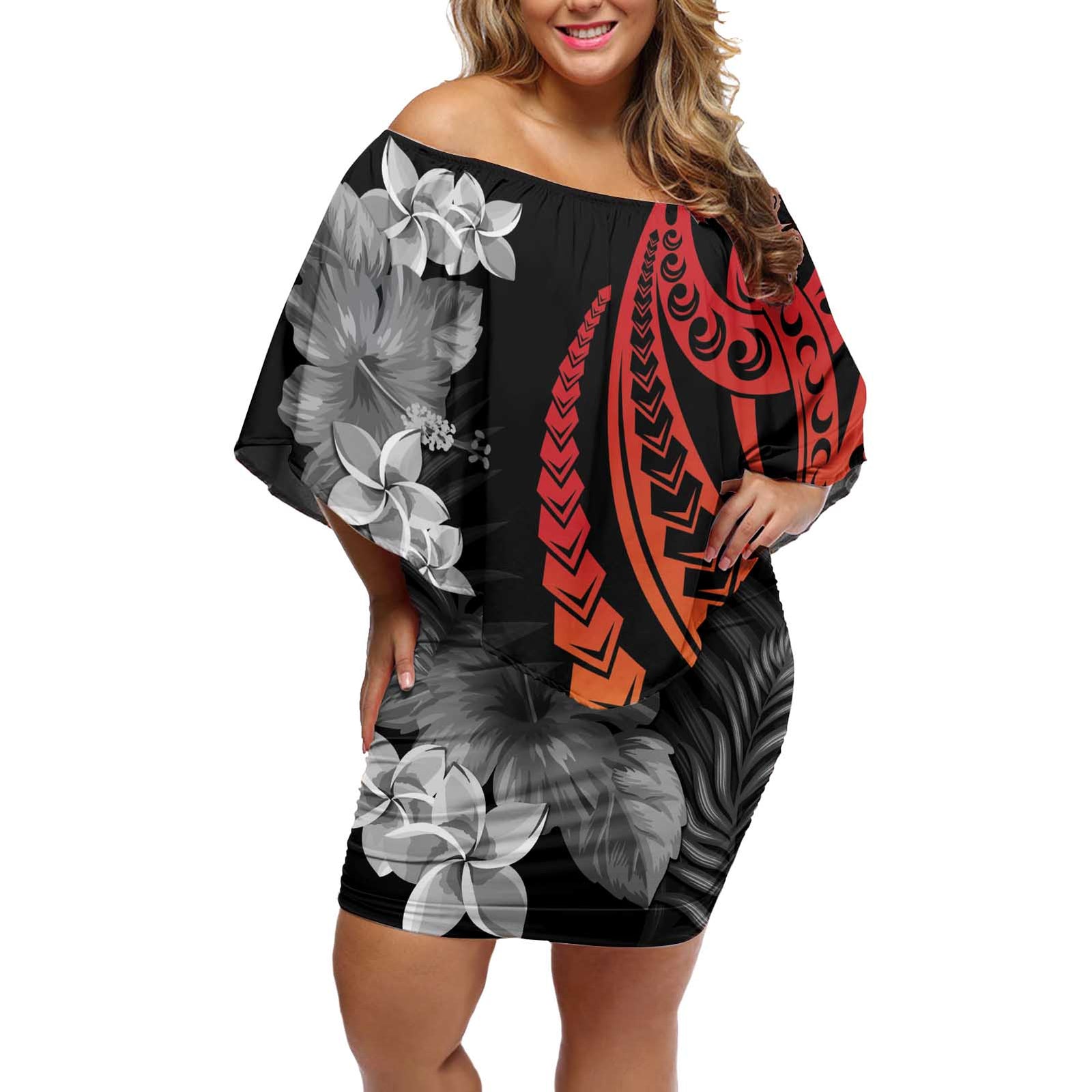 French Polynesia Bastille Day Off Shoulder Short Dress Tropical Turtle Hibiscus Polynesian Pattern LT05 Women Black - Polynesian Pride
