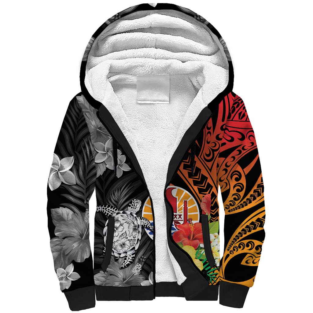 French Polynesia Bastille Day Sherpa Hoodie Tropical Turtle Hibiscus Polynesian Pattern LT05 Unisex Black - Polynesian Pride