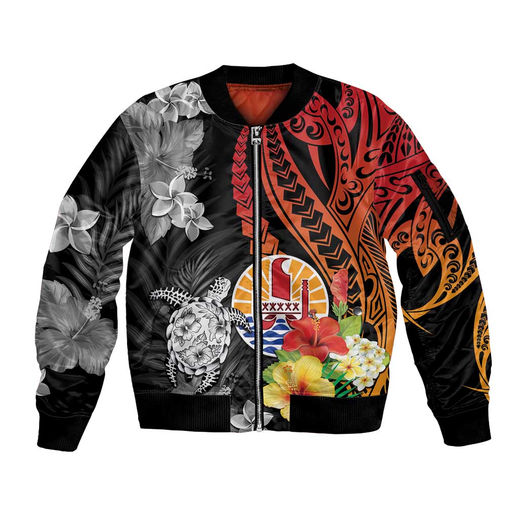 French Polynesia Bastille Day Sleeve Zip Bomber Jacket Tropical Turtle Hibiscus Polynesian Pattern