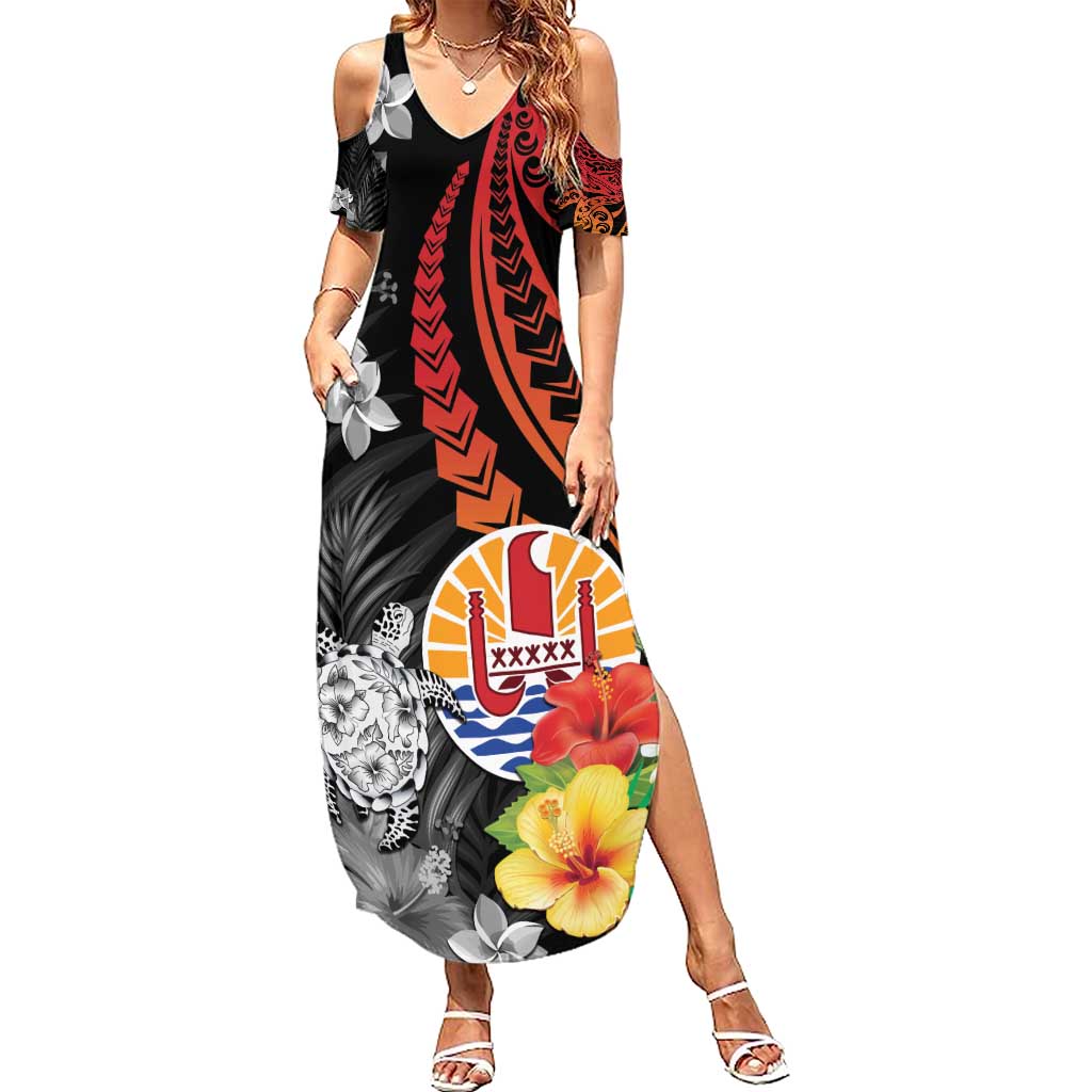 French Polynesia Bastille Day Summer Maxi Dress Tropical Turtle Hibiscus Polynesian Pattern LT05 Women Black - Polynesian Pride